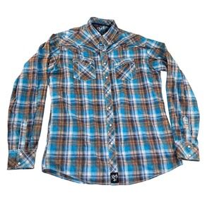 Rock 47 by Wrangler Mens XLT Blue Brown Plaid Western Snap Shirt MRC276M Tall